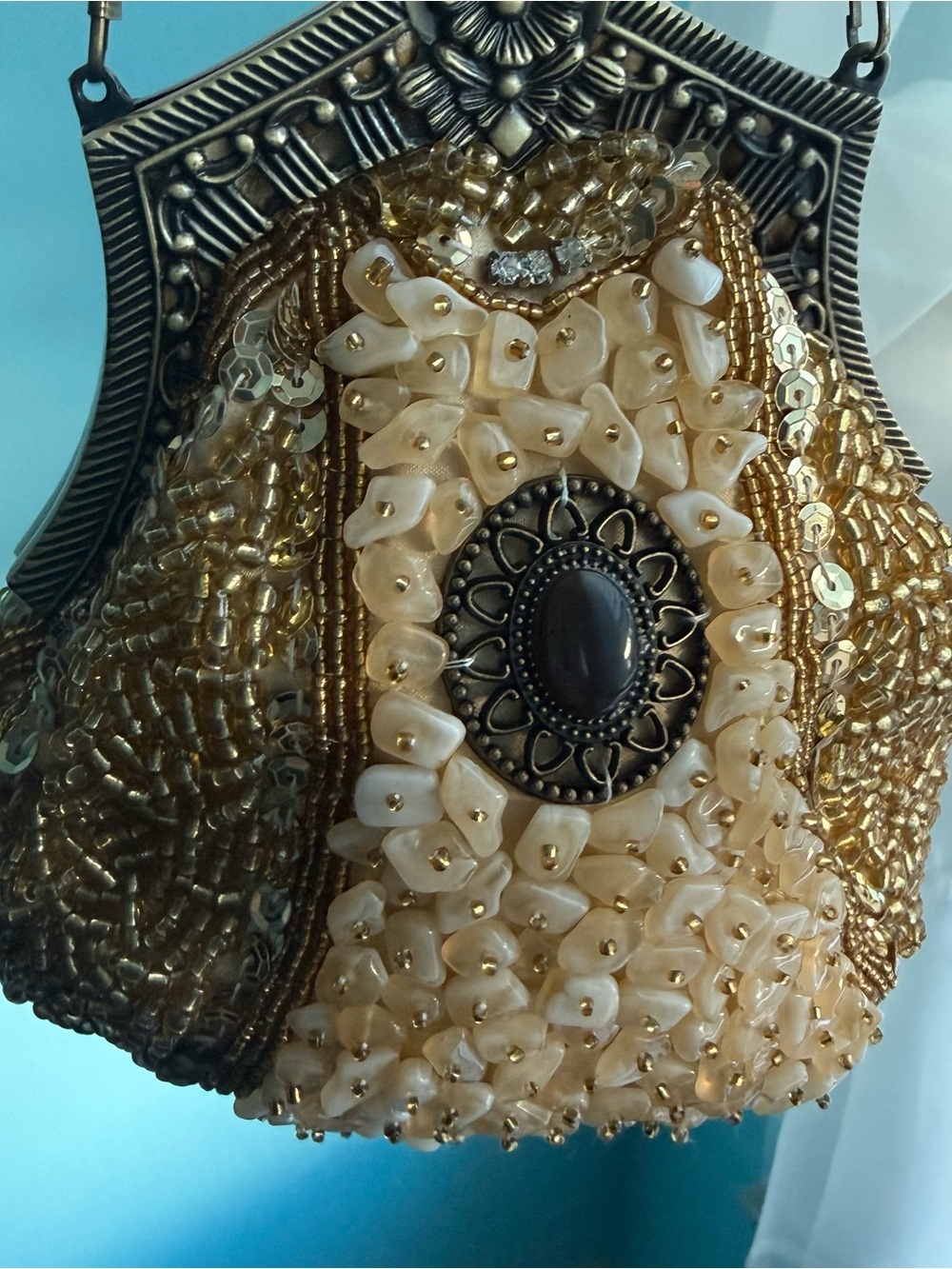 Vintage Beaded Gold and Cream Evening Bag